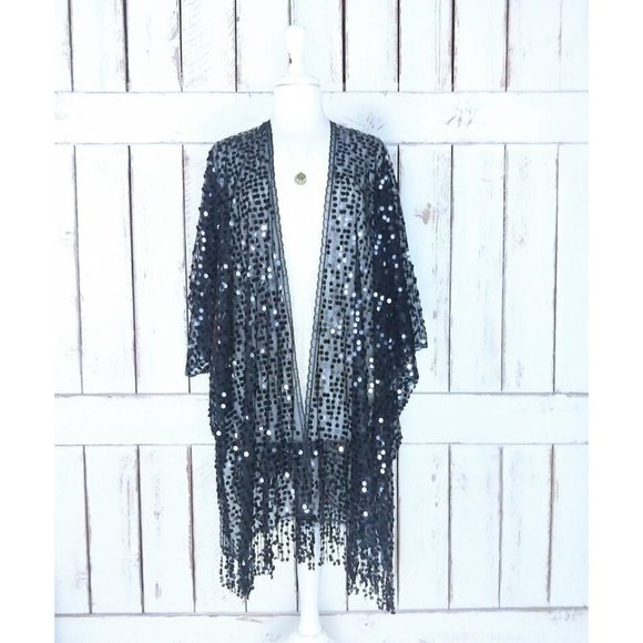 Sheer black net round black sequin fringe tassel kimono cardigan cover up - Picture 1 of 4